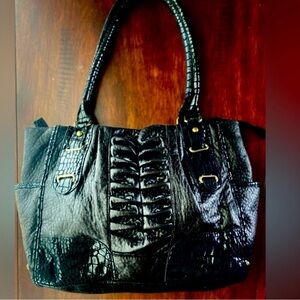 Black Glossy Shoulder Bag with Braided Handles